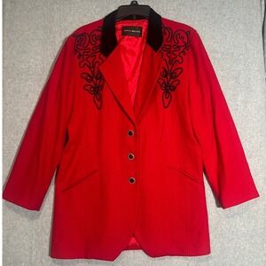 VTG Harris Wallace Red Blazer Size 14 Velvet Collar Embroidered Western Jacket